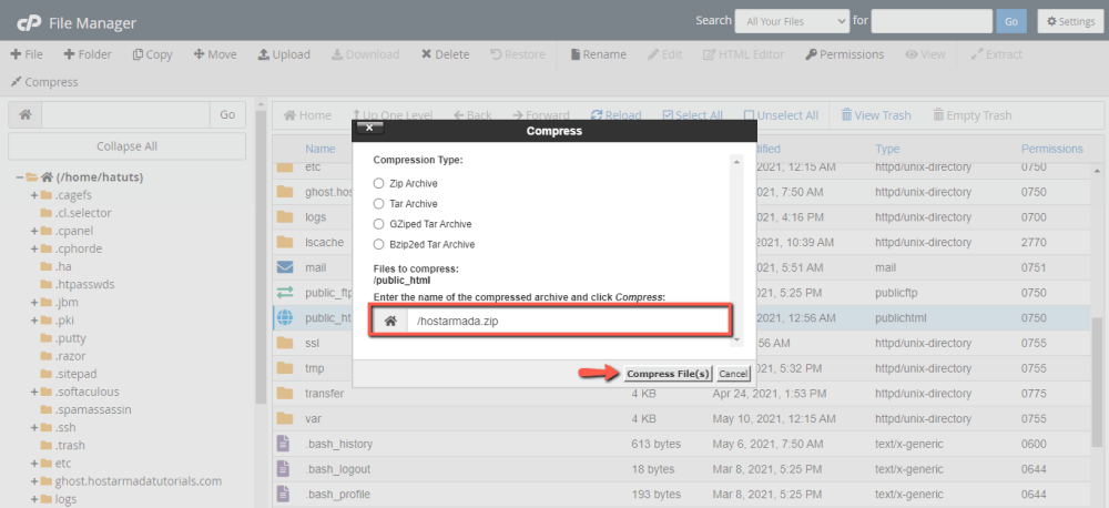 Compress (Backup) Website Files in File Manager