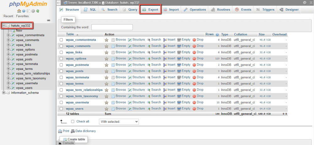 List website database in phpMyAdmin