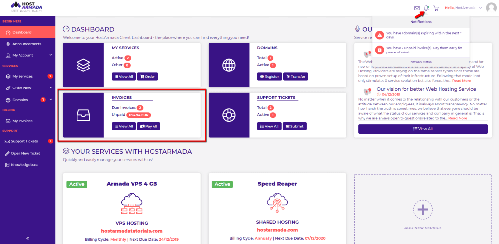 Invoices block overview