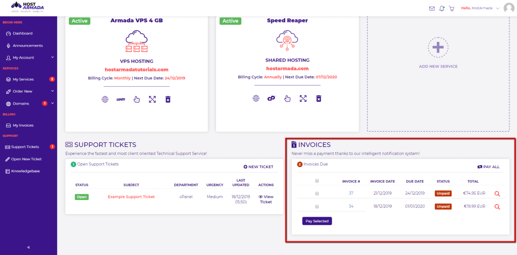 Home Page unpaid invoices list