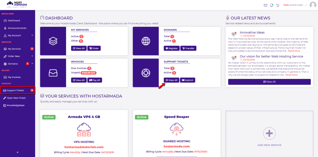 Support Tickets block overview