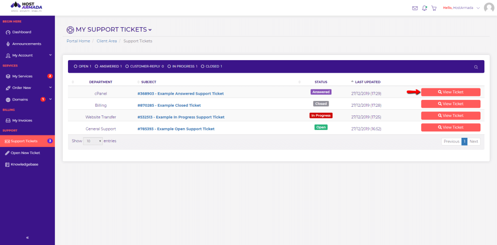 My Support Tickets page overview