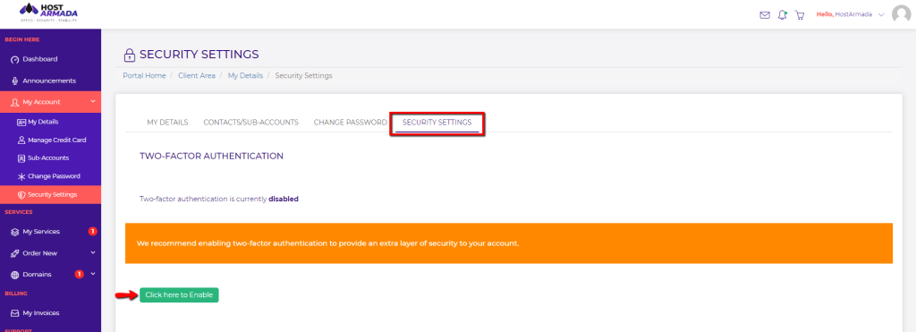 Clicking on the Enable button