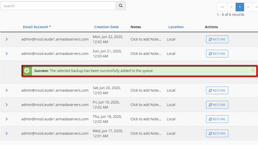 Email Backup added to Restore Queue in JetBackup