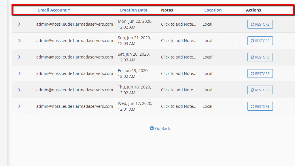 List of available Email Backups in JetBackup