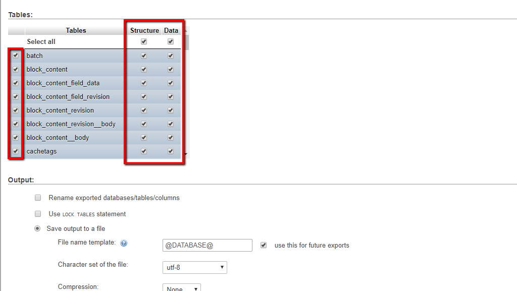 Select tabled to export