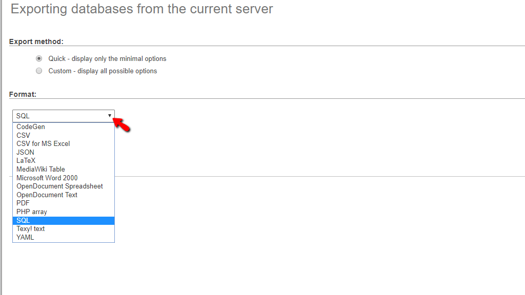 Quick database export method