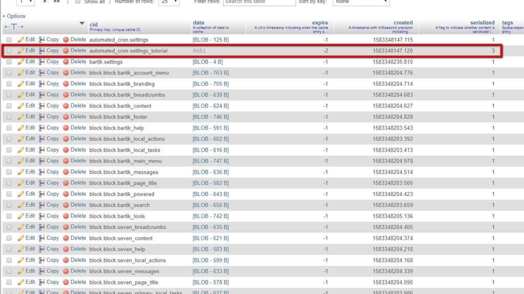 Copied database row