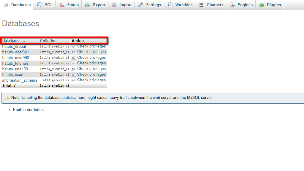 Database tab table section