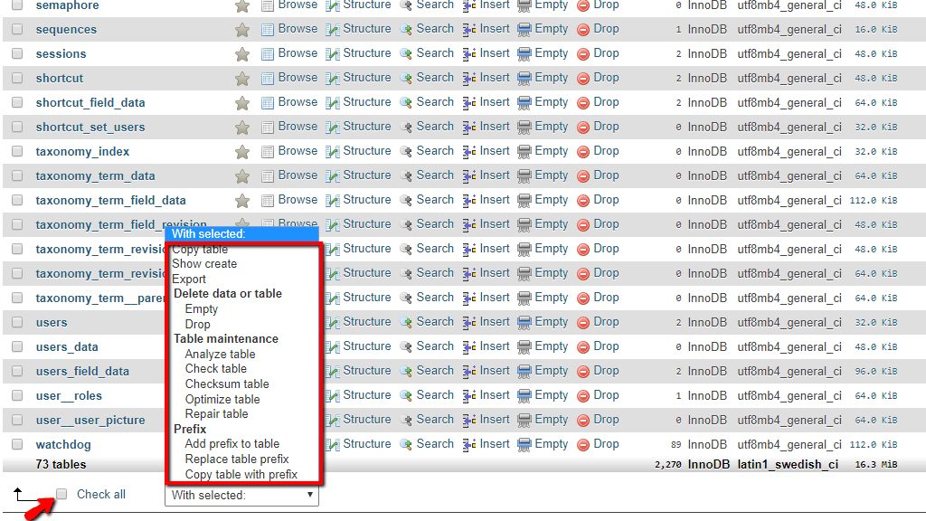 Structure tab actions