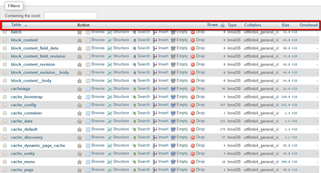 Database structure tab overview