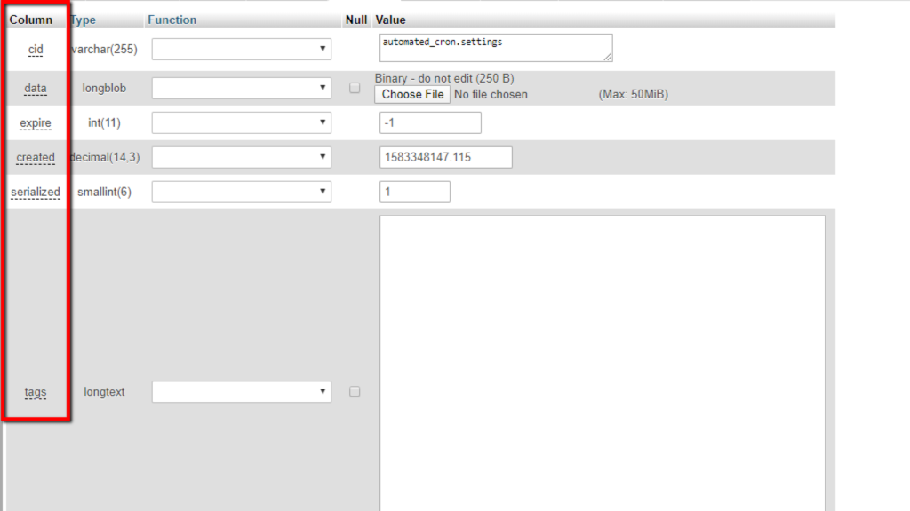 Database table columns