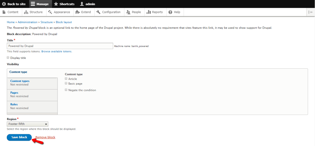 Editing Block title, visibility and region