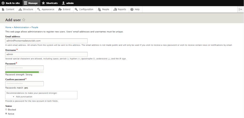 Configuring email, credentials, and status