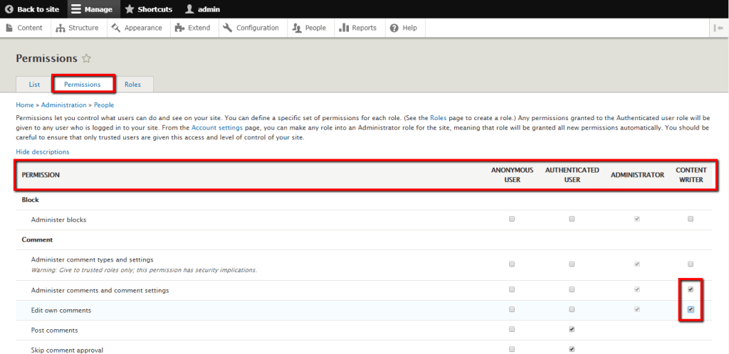 Permissions tab overview