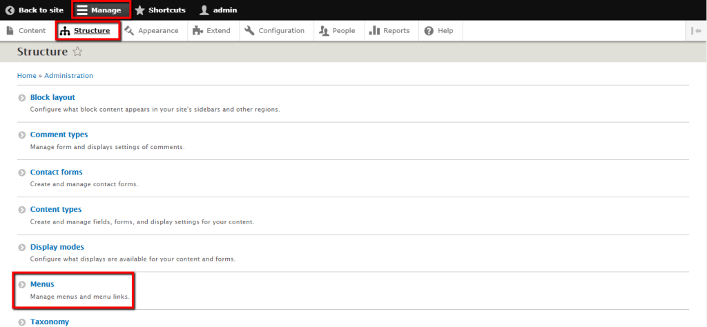 Accessing the Menus page