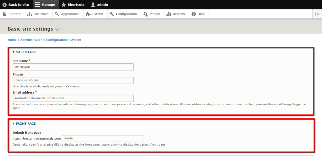 Configuring Site Details and Front Page