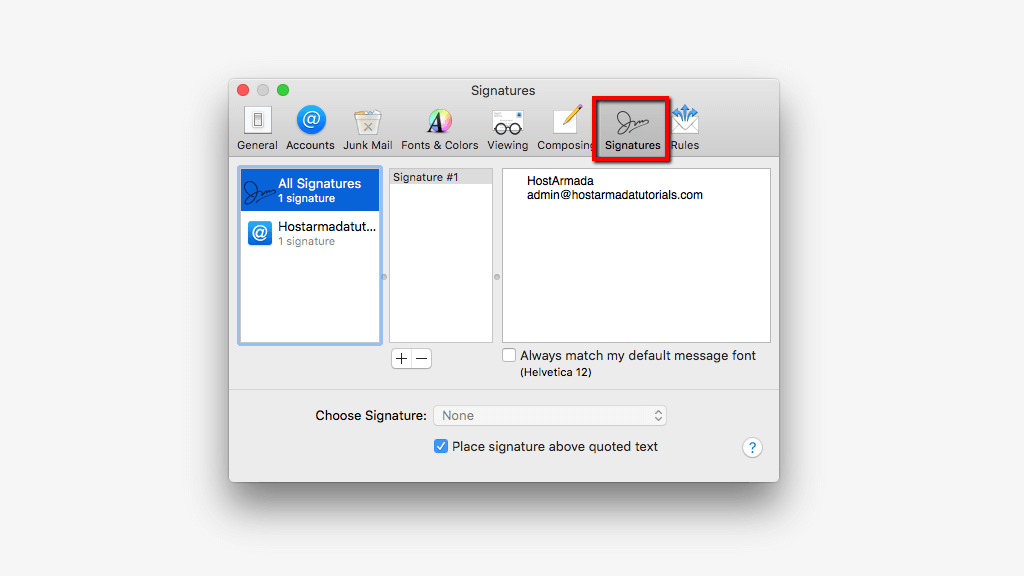 Choosing the Signatures Tab
