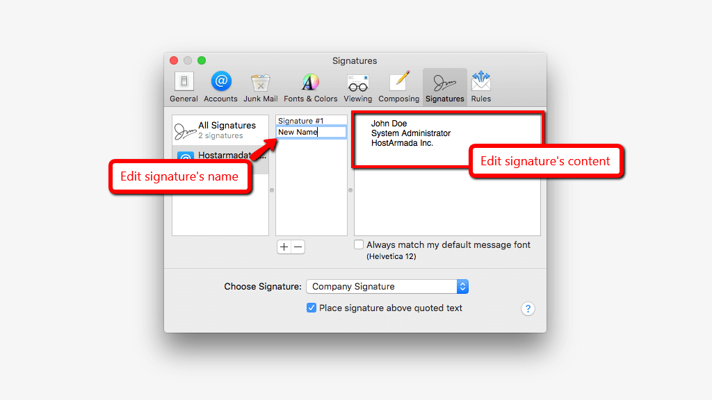 Edit Signature's name and content