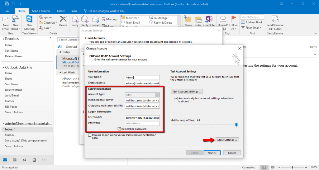 Editing email account settings