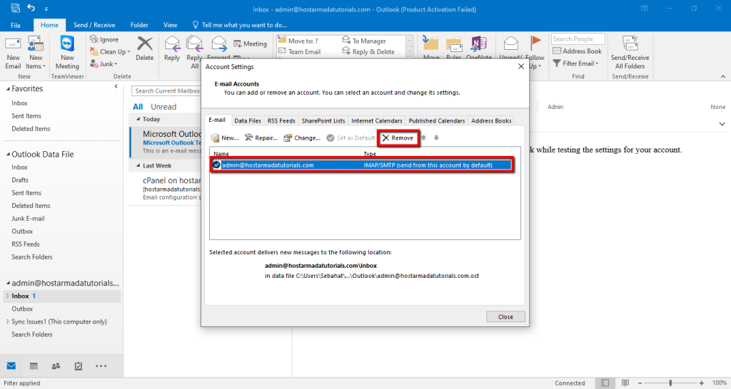 Remove Email Account button