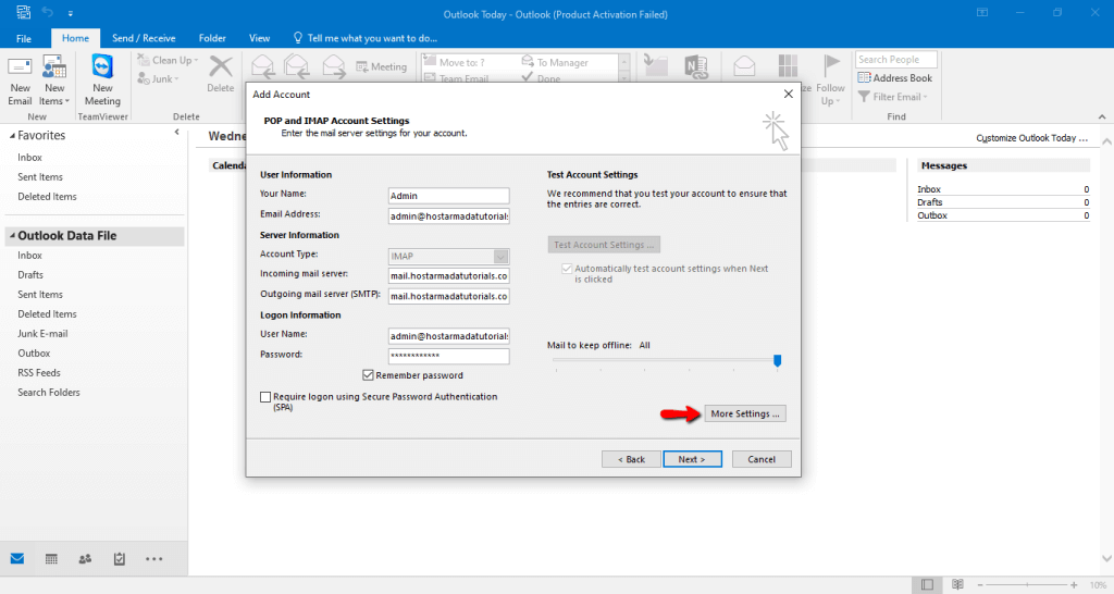 Configuring Email Account settings