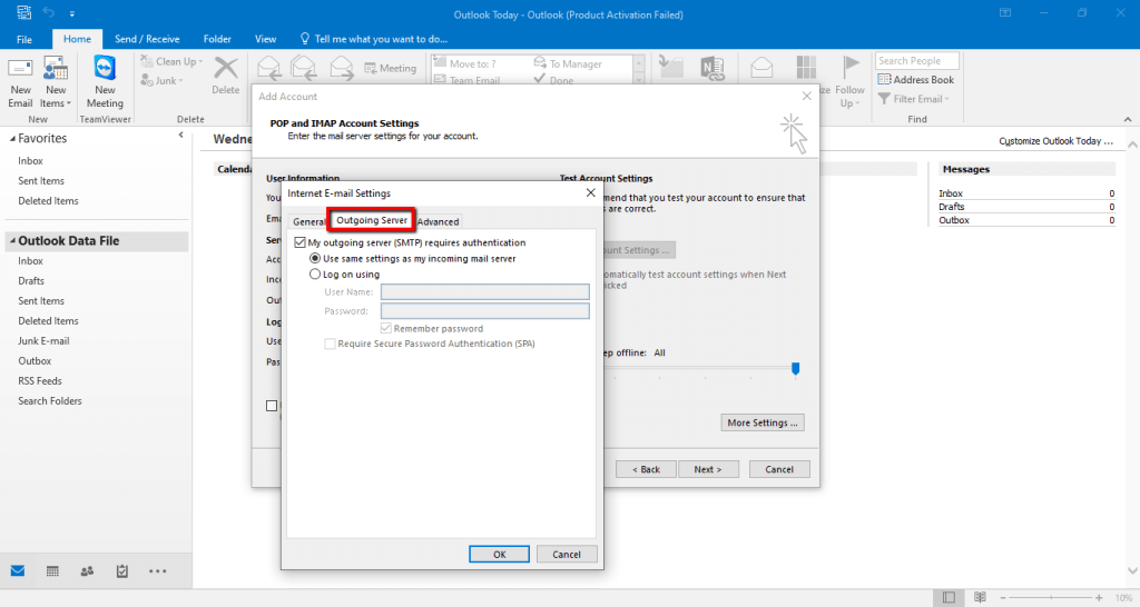 Outgoing server authentication settings