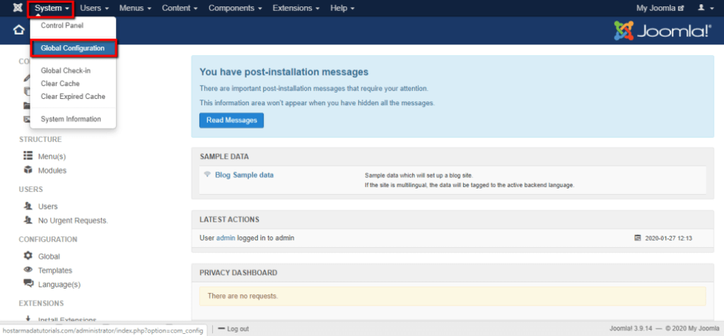 Accessing the Global Configuration page