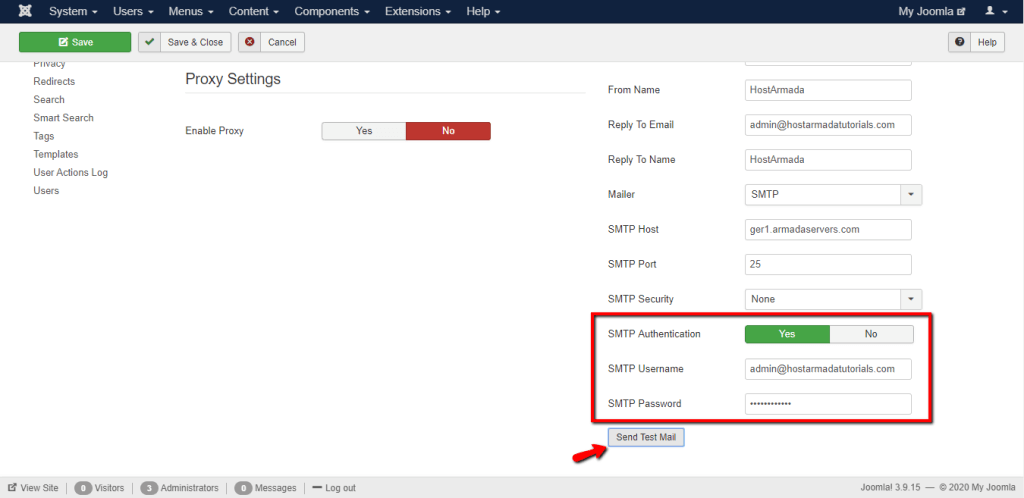 Configuring SMTP username and password