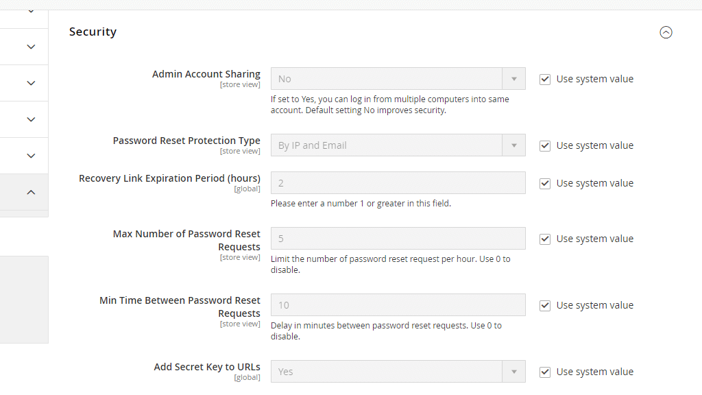 Admin Security settings