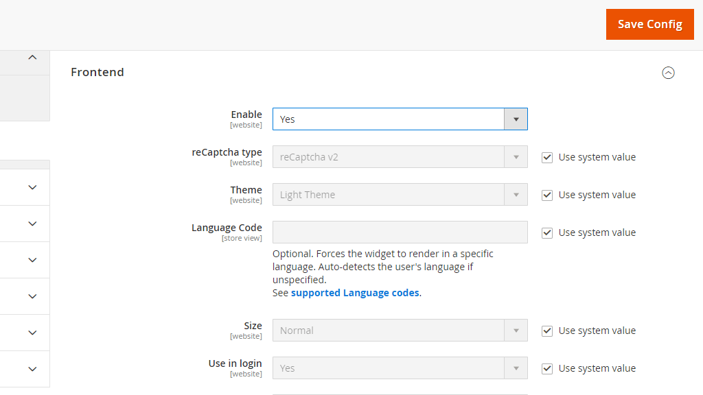 Configuring the Frontend settings