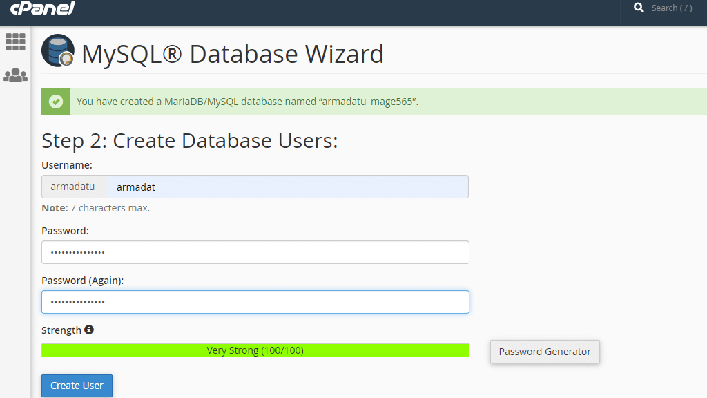 Configuring database user