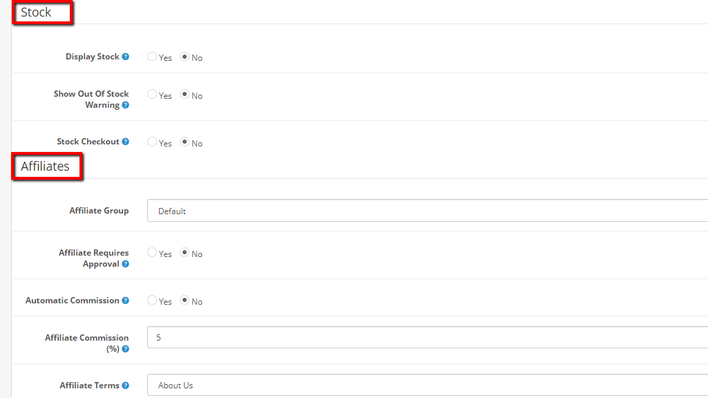 Stock and Affiliates settings