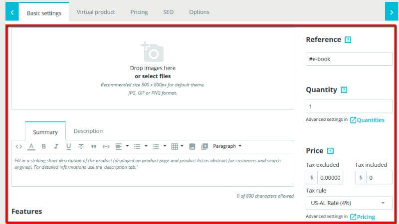 Basic settings of add new product