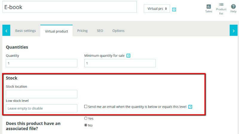Stock settings for a virtual product