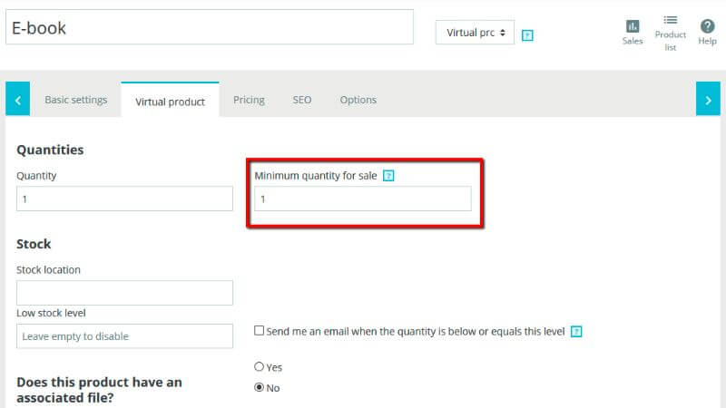 Virtual product minimum quantity for sale