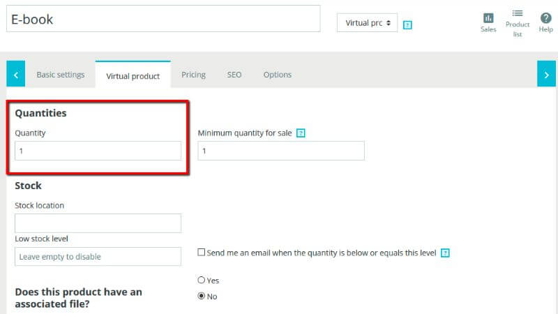 Virtual product Quantities configuration