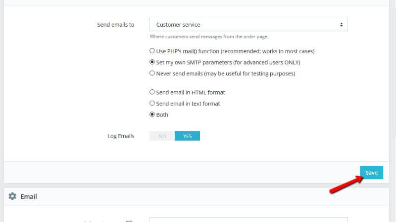 Saving the email configuration