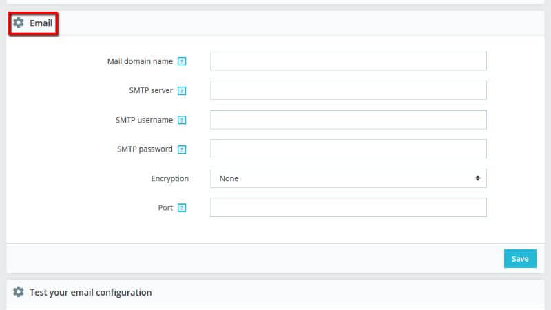The SMTP configuration section for the emails 