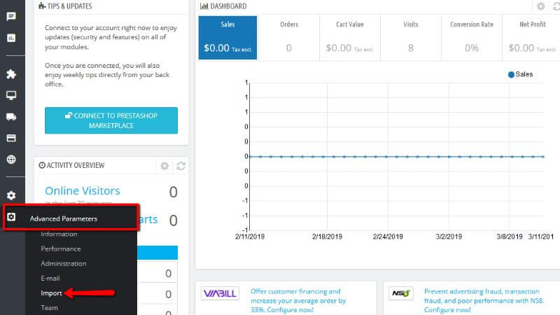 Accessing the Import page of Prestashop