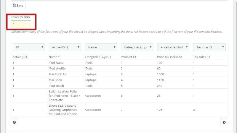 Configure rows to skip