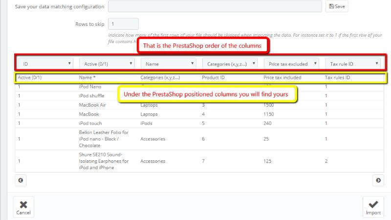 Match the columns in a CSV import