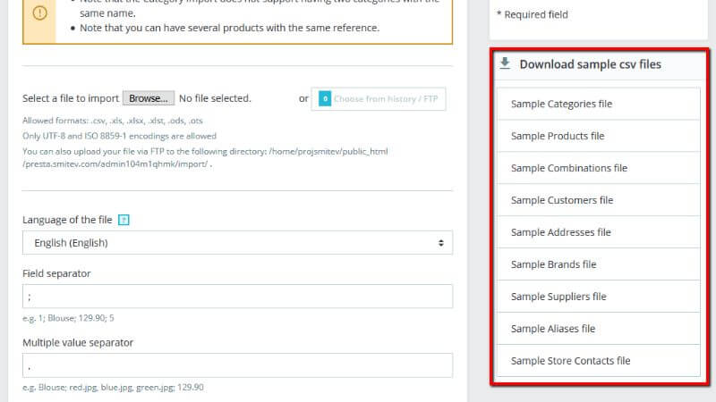 Sample CSV files