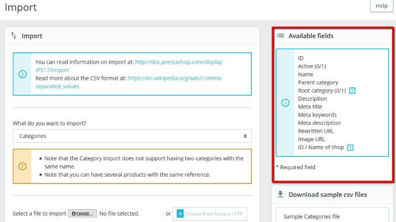 The Available fields section of the Import page 