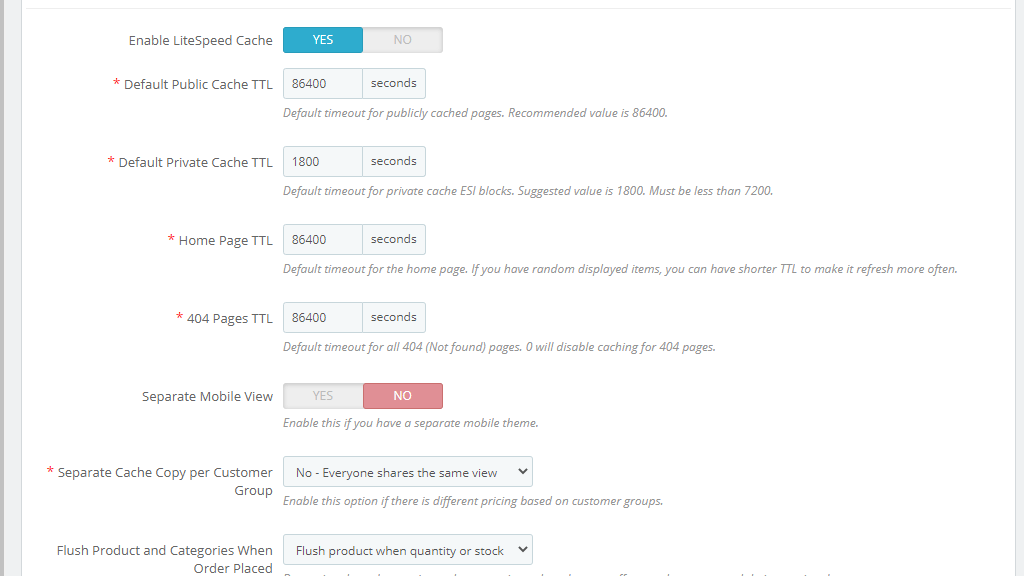 PrestaShop LiteSpeed Cache module configuration
