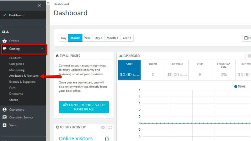 Accessing attributes and features menu