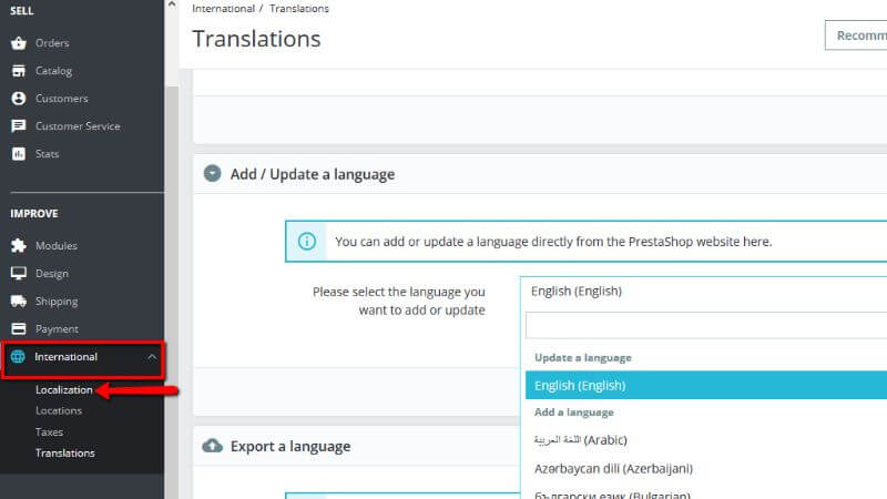 Accessing the Localization page