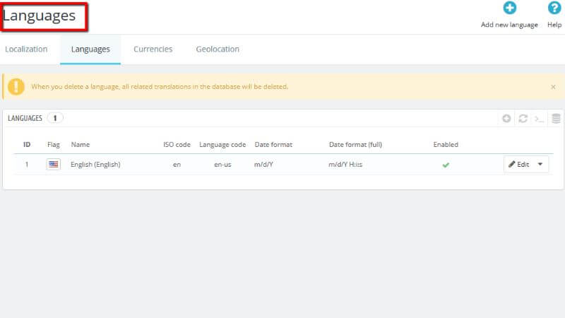 Languages page overview
