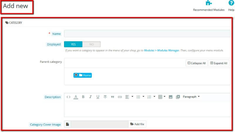 Add new category page overview