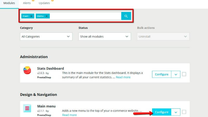 Searching for the Main menu module and configuring it